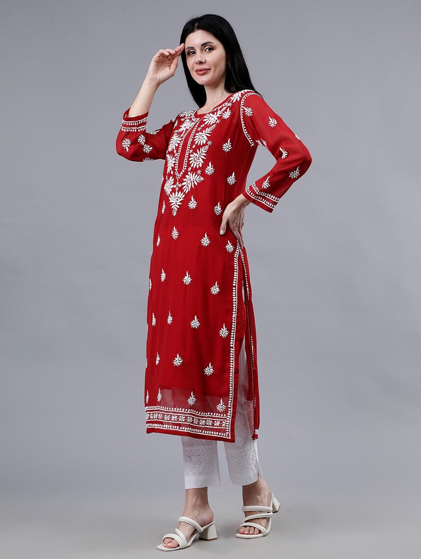 women three quarter sleeve chikankari work kurta - 21450779 - Standard Image - 3