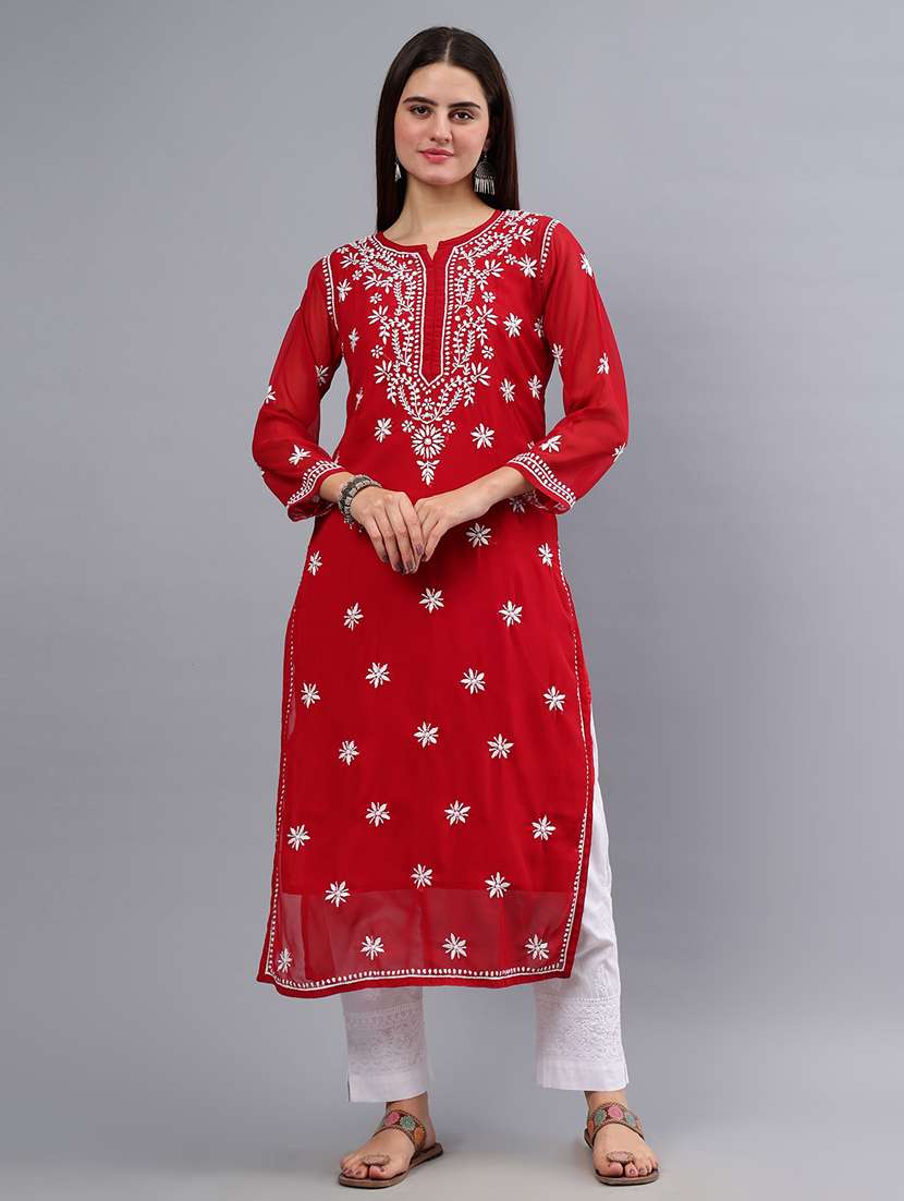 women three quarter sleeve chikankari work kurta 