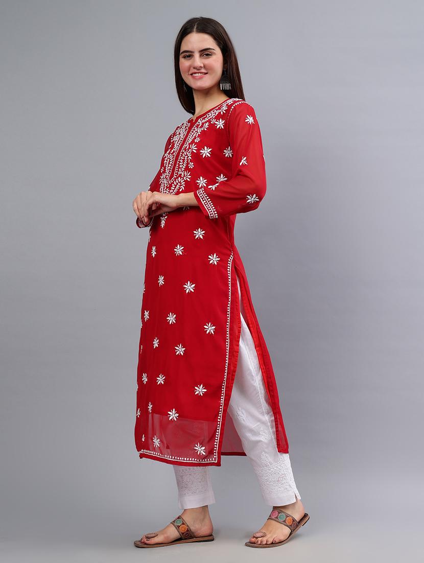 women three quarter sleeve chikankari work kurta - 21450781 - Standard Image - 3
