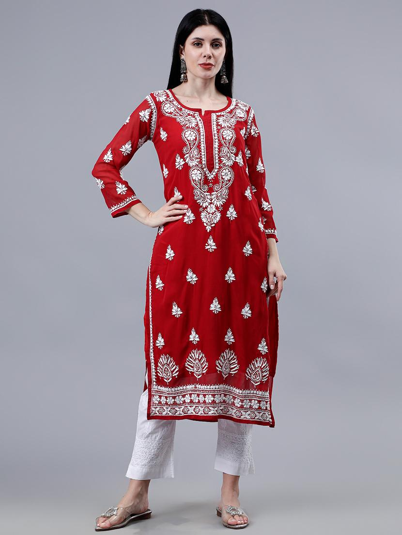 women three quarter sleeve chikankari work kurta - 21450782 - Zoom Image - 0