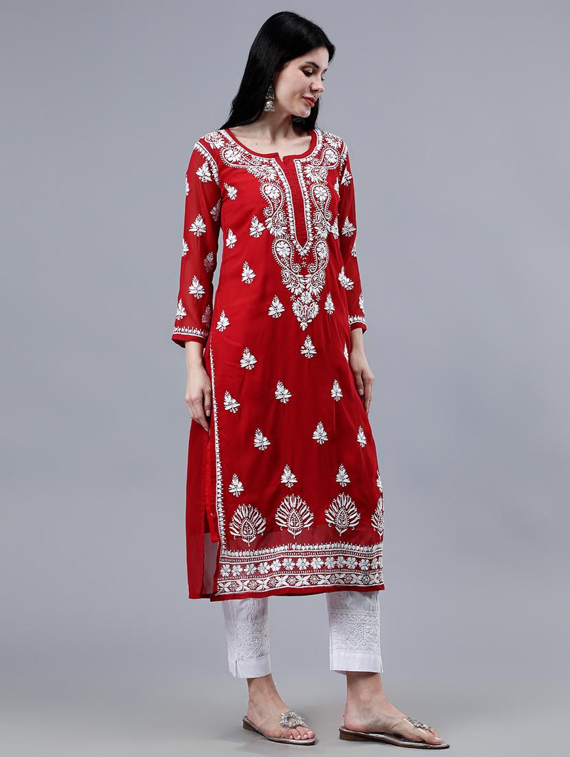 women three quarter sleeve chikankari work kurta - 21450782 - Standard Image - 3