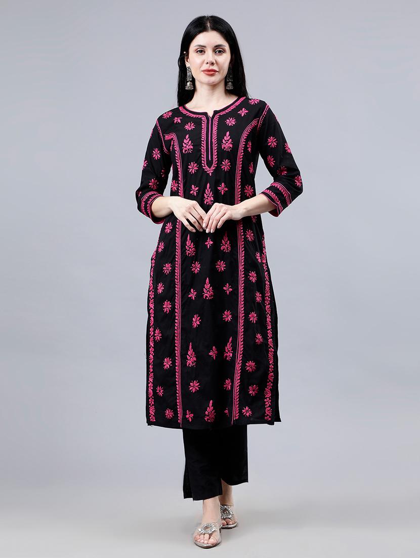 women three quarter sleeve chikankari work kurta - 21450785 - Zoom Image - 0