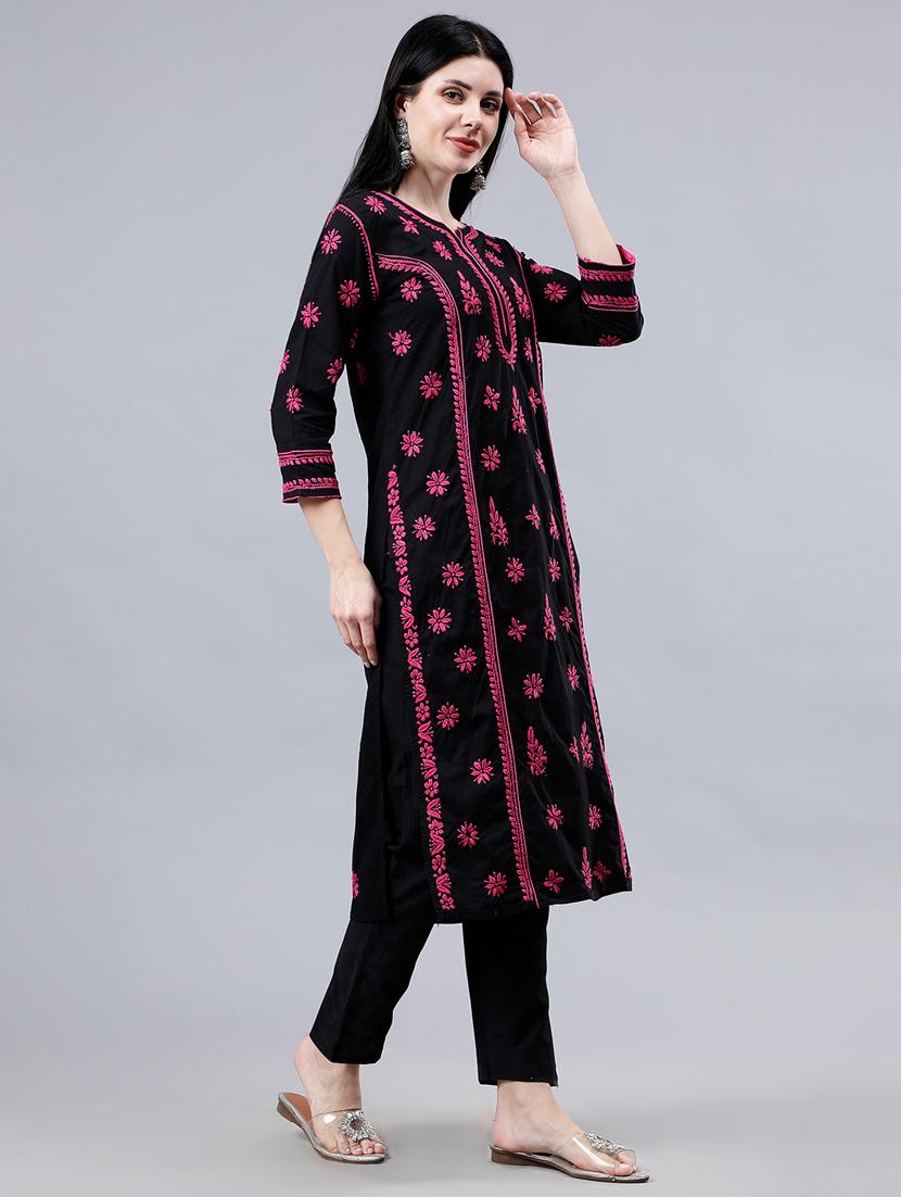 women three quarter sleeve chikankari work kurta - 21450785 - Standard Image - 3