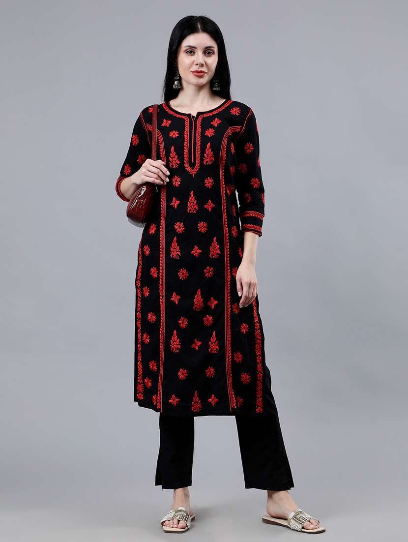 women three quarter sleeve chikankari work kurta - 21450786 - Zoom Image - 0