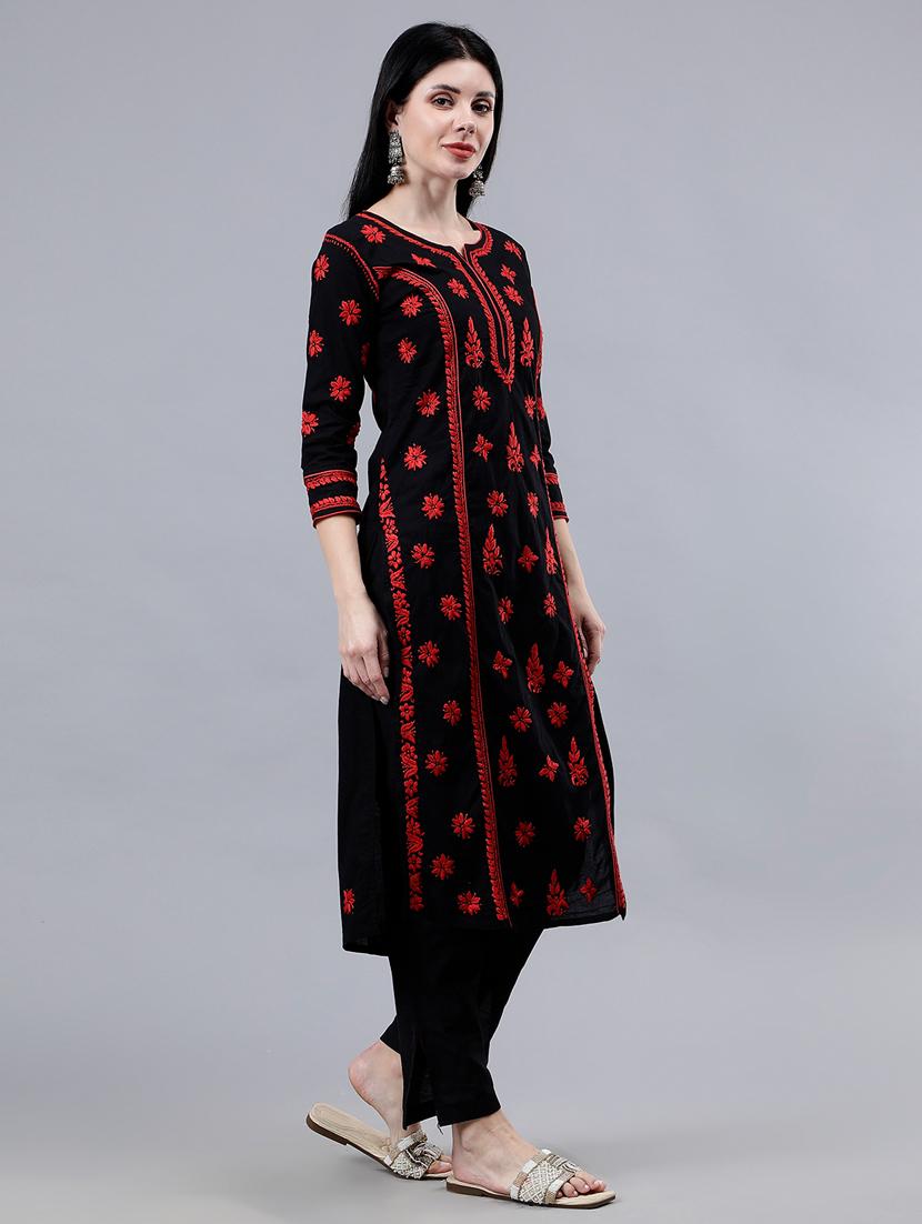 women three quarter sleeve chikankari work kurta - 21450786 - Standard Image - 3