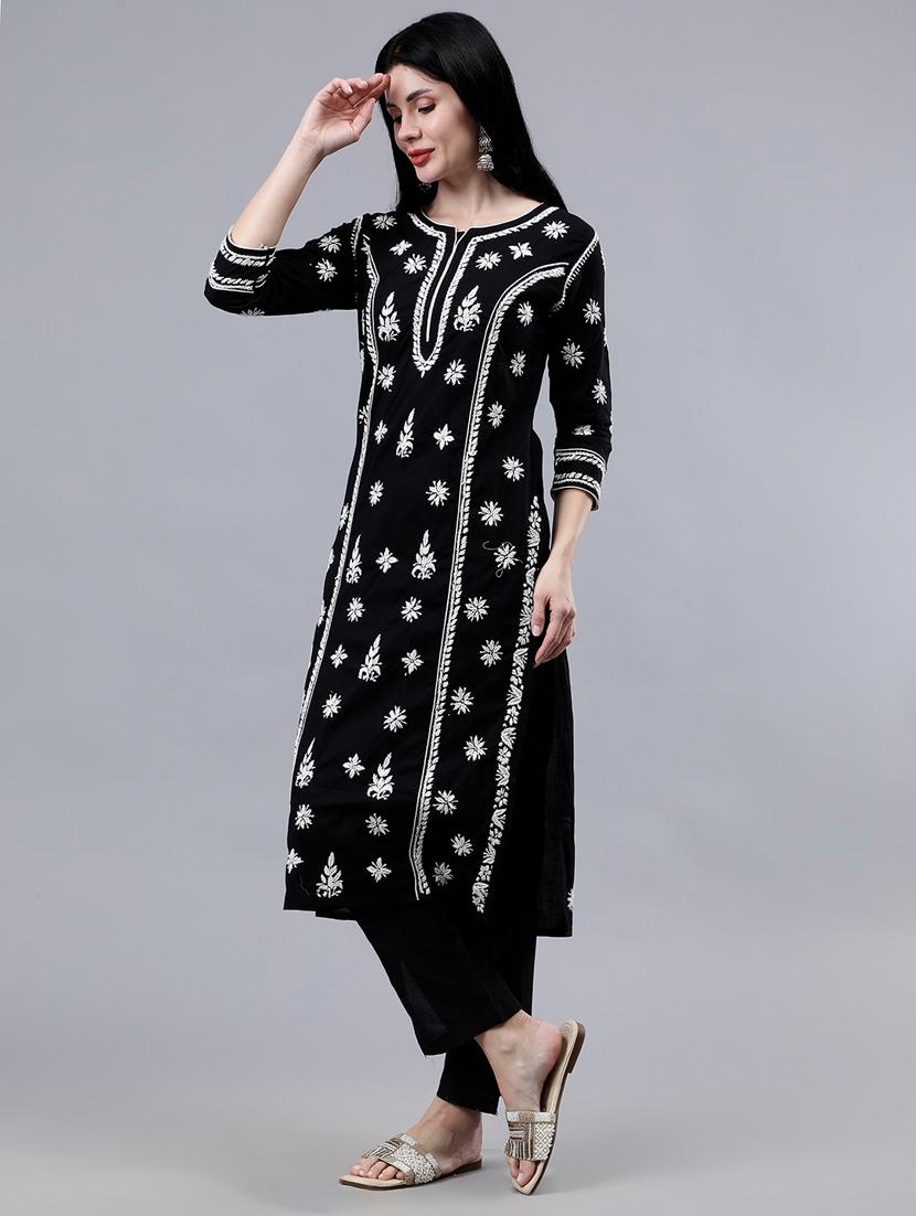 women three quarter sleeve chikankari work kurta - 21450787 - Standard Image - 3