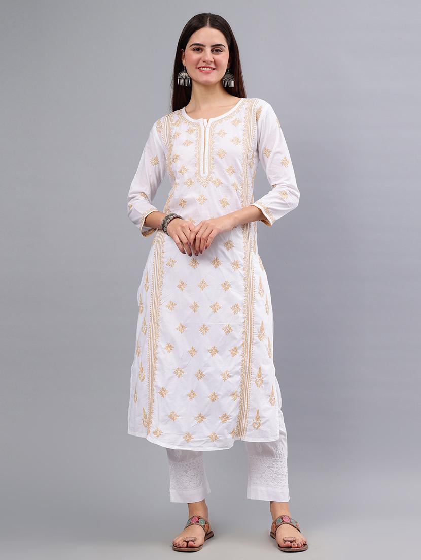 women three quarter sleeve chikankari work kurta - 21450792 - Zoom Image - 0