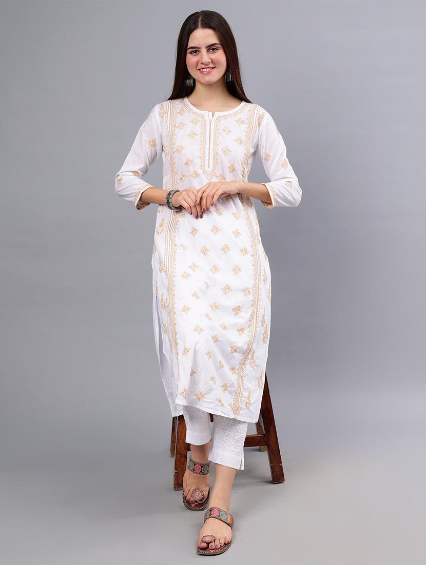 women three quarter sleeve chikankari work kurta - 21450792 - Standard Image - 3