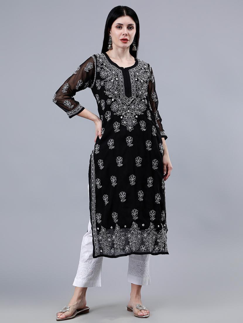 women three quarter sleeve chikankari work kurta  - 21450795 -  Zoom Image - 0
