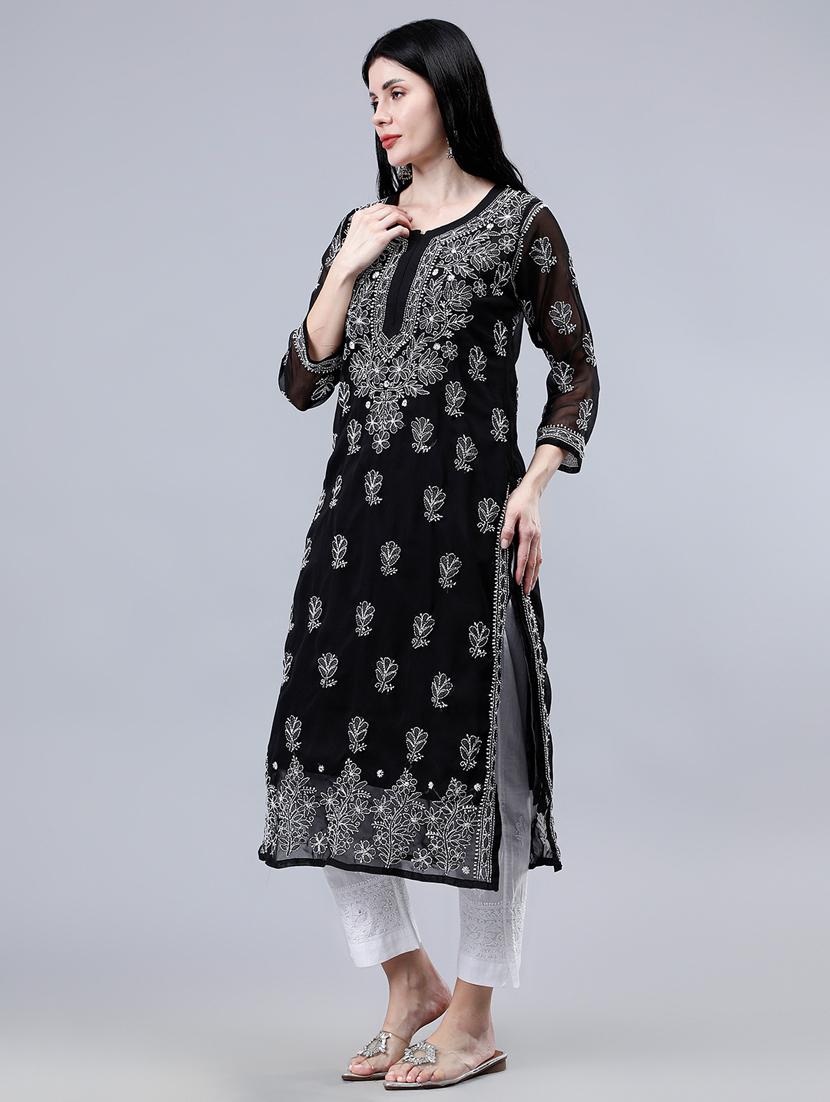 women three quarter sleeve chikankari work kurta - 21450795 - Standard Image - 3