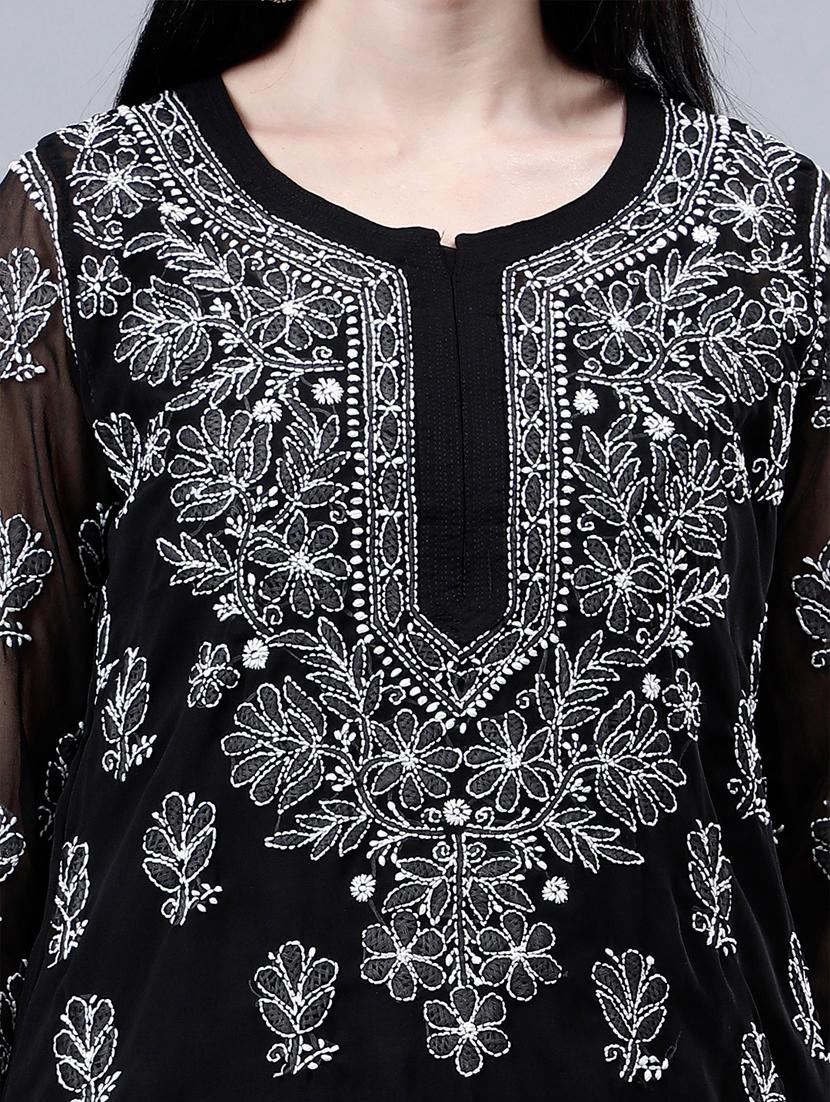 women three quarter sleeve chikankari work kurta - 21450795 - Standard Image - 5