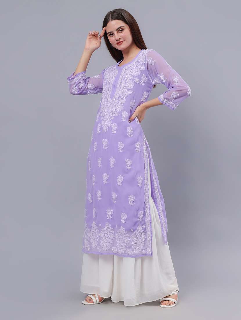 women three quarter sleeve chikankari work kurta  - 21450798 -  Standard Image - 3