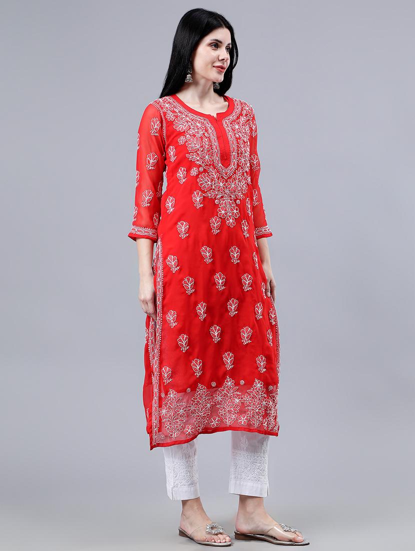 women three quarter sleeve chikankari work kurta - 21450801 - Standard Image - 3