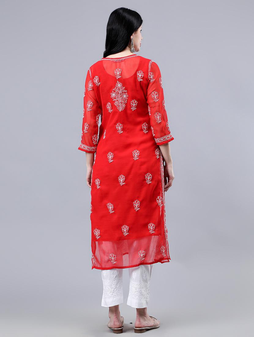 women three quarter sleeve chikankari work kurta - 21450801 - Standard Image - 5