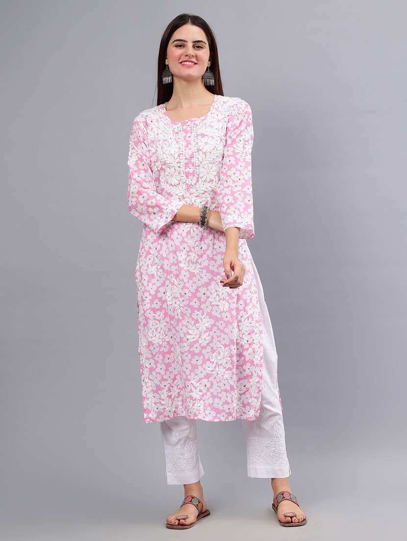 women three quarter sleeve chikankari work kurta - 21450803 - Zoom Image - 0