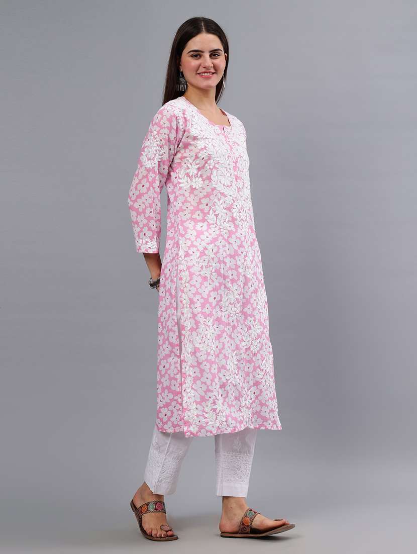 women three quarter sleeve chikankari work kurta - 21450803 - Standard Image - 3