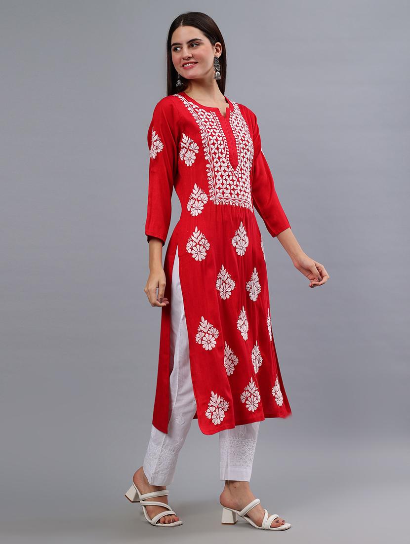 women three quarter sleeve chikankari kurta - 21450811 - Standard Image - 3