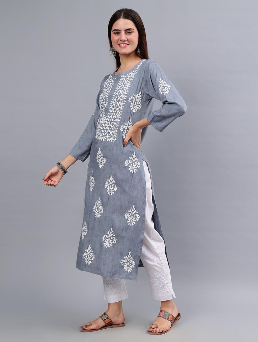 women three quarter sleeve chikankari kurta - 21450813 - Standard Image - 3