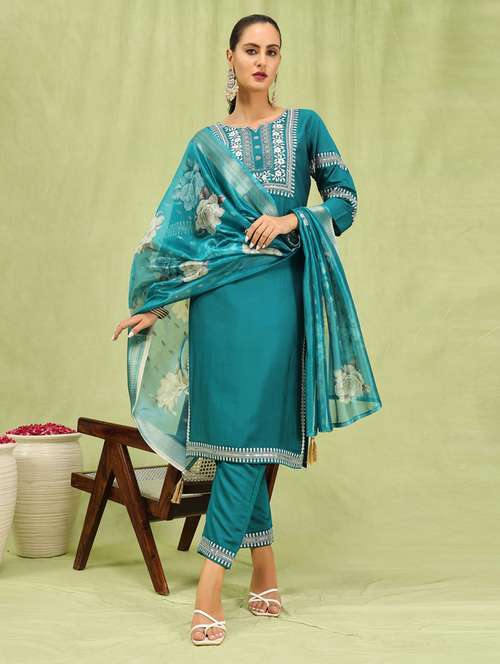 women teal green kurta dupatta set - 21450898 - Standard Image - 0