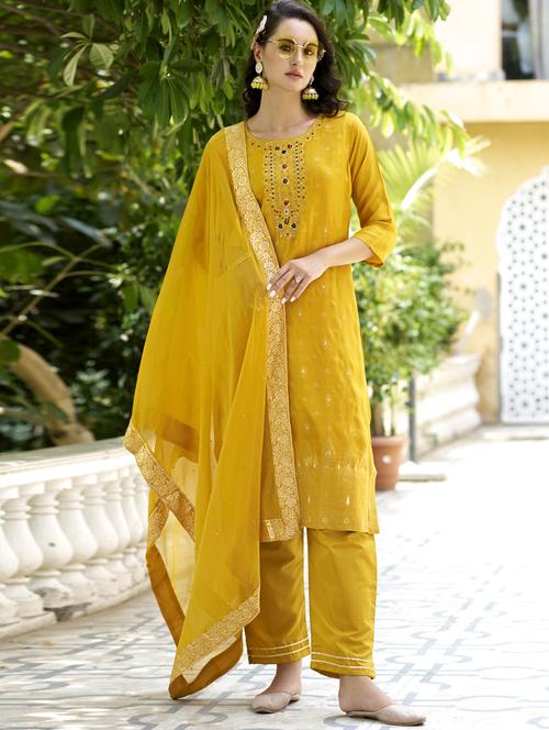 women mustard kurta dupatta set - 21450923 - Standard Image - 0