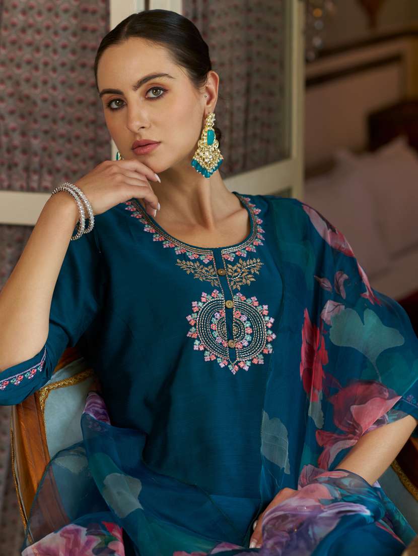 women teal embroidered kurta pant with dupatta set - 21450946 - Standard Image - 3