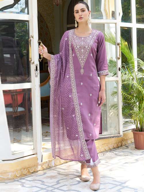 women lavender kurta dupatta set - 21450975 -  Standard Image - 0