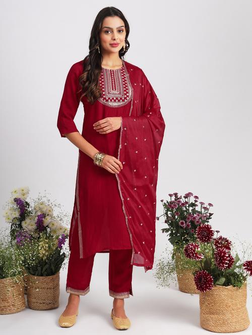women maroon kurta dupatta set - 21451046 -  Standard Image - 0