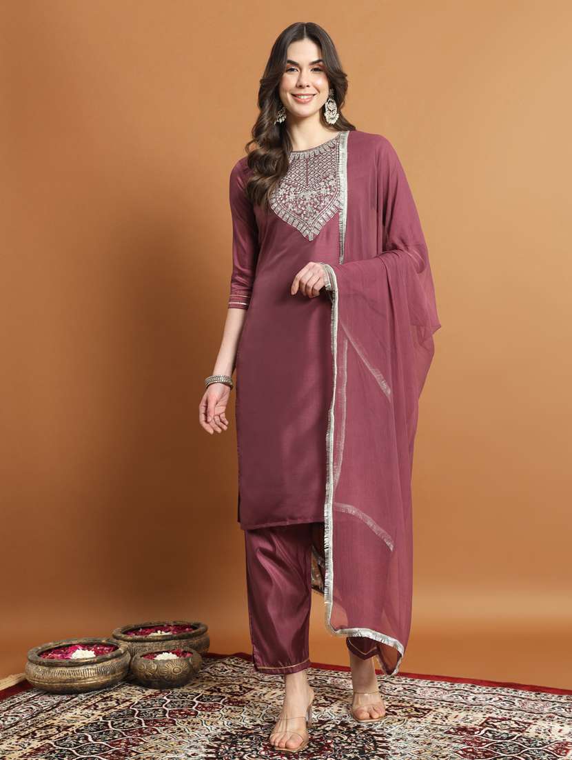 women three quarter sleeve kurta pant with dupatta set - 21451051 - Zoom Image - 0