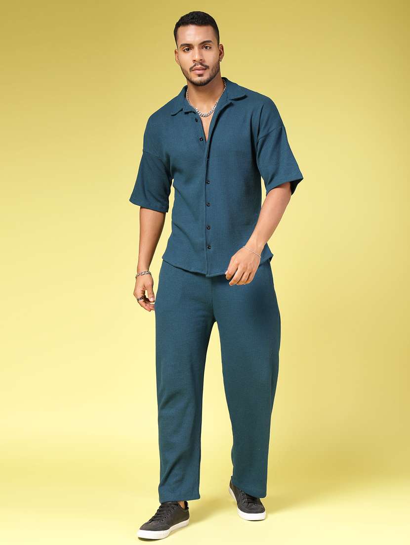 men cuban collar solid co-ord set