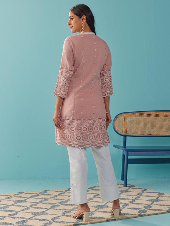women solid with work embroidered schiffli a-line kurti - 21451494 - Standard Image - 3