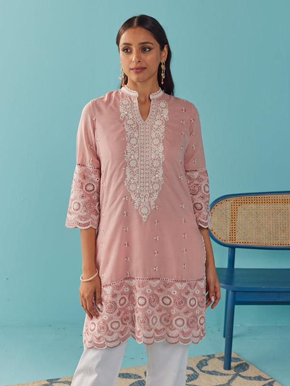 women solid with work embroidered schiffli a-line kurti - 21451494 - Standard Image - 5