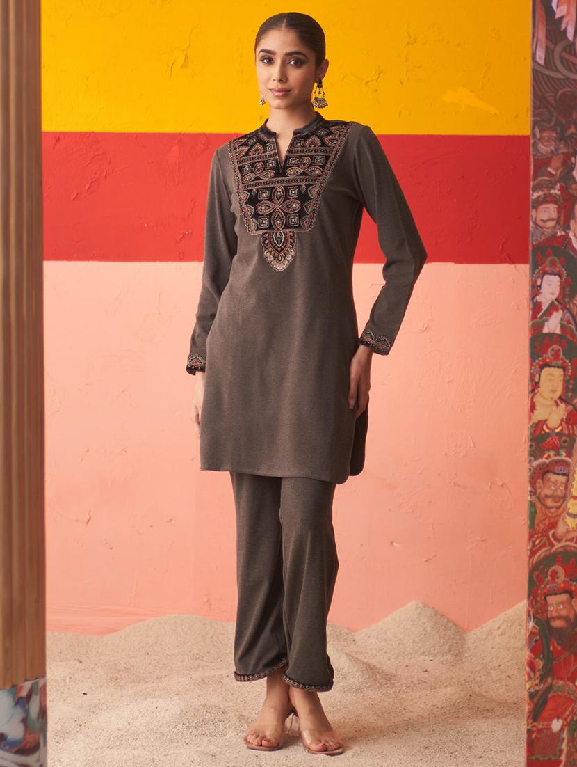 women grey wool blend kurta pant set