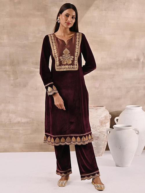 women burgundy velvet kurta palazzo set - 21451698 -  Standard Image - 0