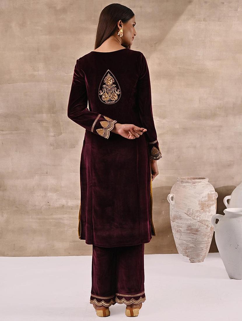 women burgundy velvet kurta palazzo set - 21451698 - Standard Image - 3