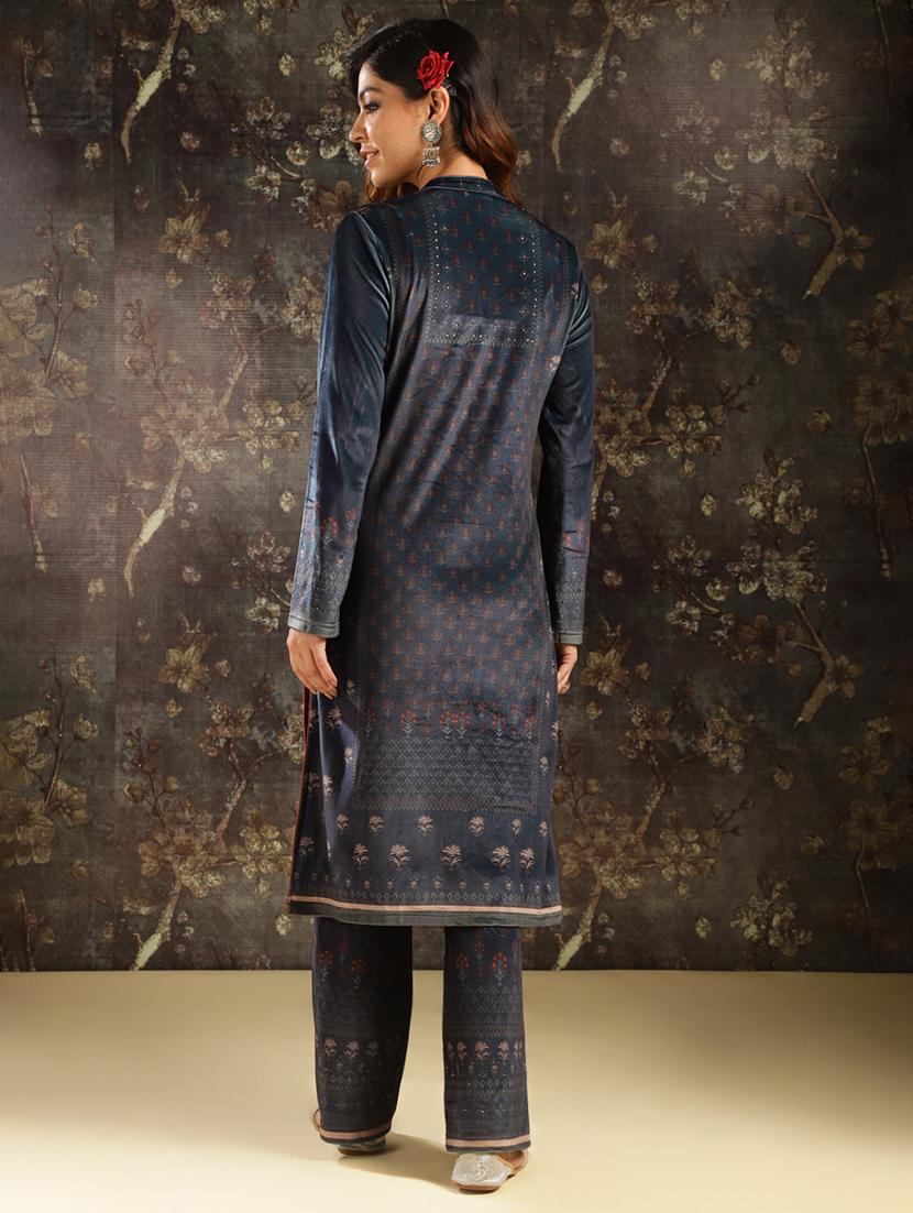 women navy blue velvet kurta pant set - 21451705 - Standard Image - 3