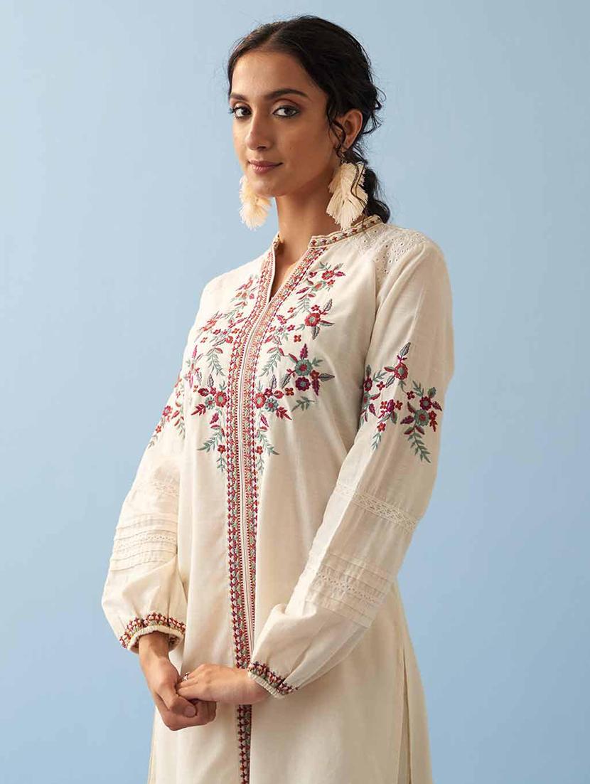 women solid with work long sleeve a-line kurta - 21452129 - Standard Image - 3