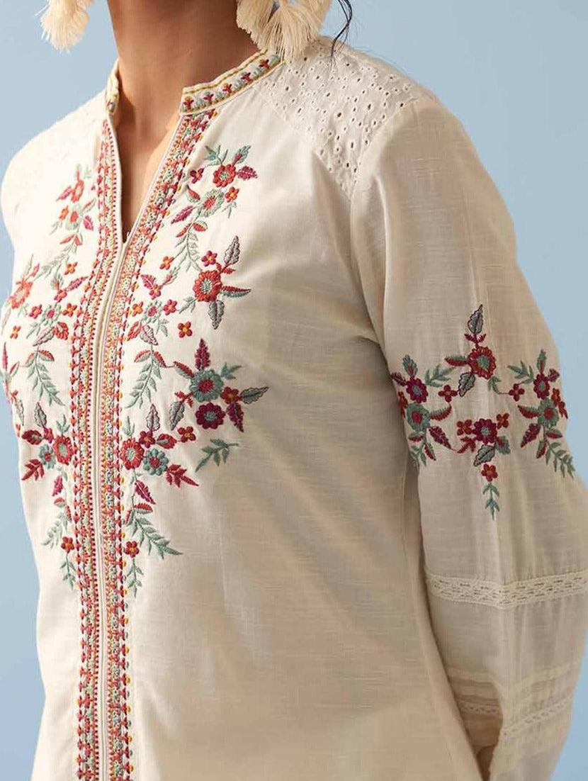 women solid with work long sleeve a-line kurta - 21452129 - Standard Image - 5