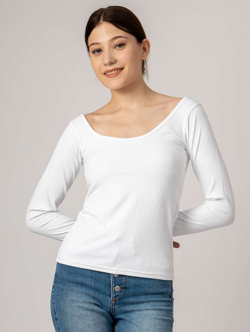 women solid scoop neck long sleeves top