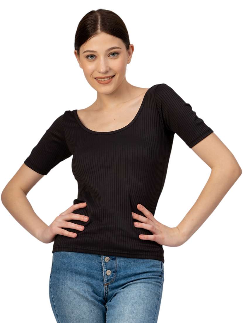 women solid scoop neck long sleeves top - 21452569 -  Standard Image - 3