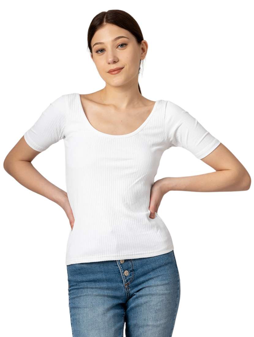 women solid scoop neck short sleeves top