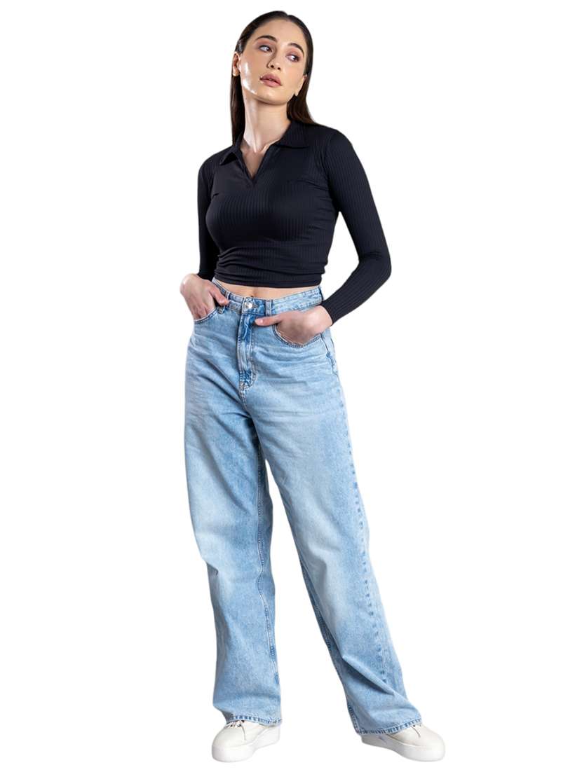 women solid collared long sleeves crop top - 21452627 -  Standard Image - 5