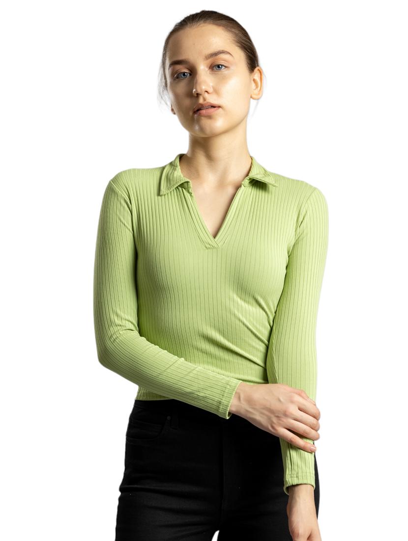 women solid collared long sleeves crop top - 21452630 - Zoom Image - 0