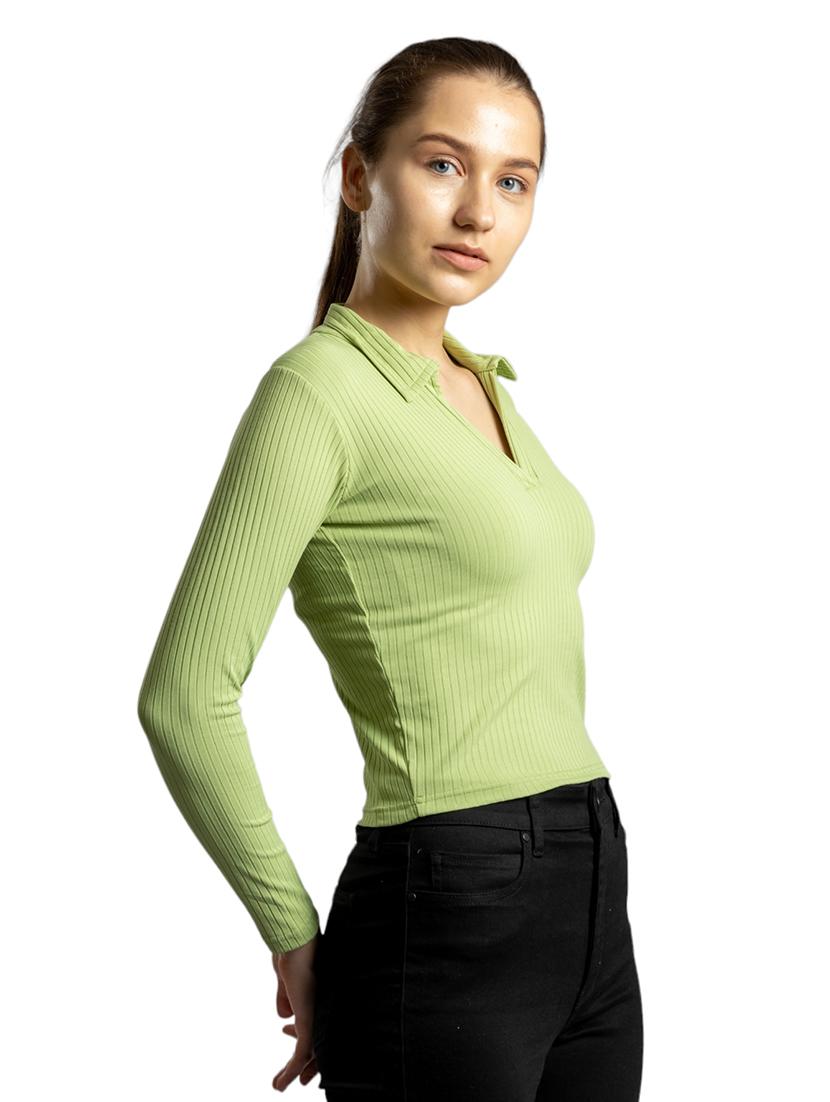 women solid collared long sleeves crop top - 21452630 - Standard Image - 3