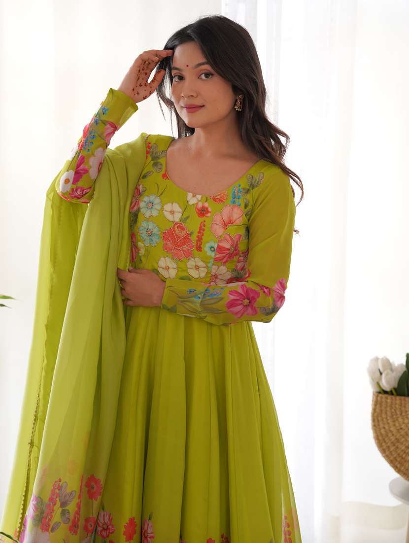 lime embroidered anarkali gown with dupatta - 21452789 - Standard Image - 3
