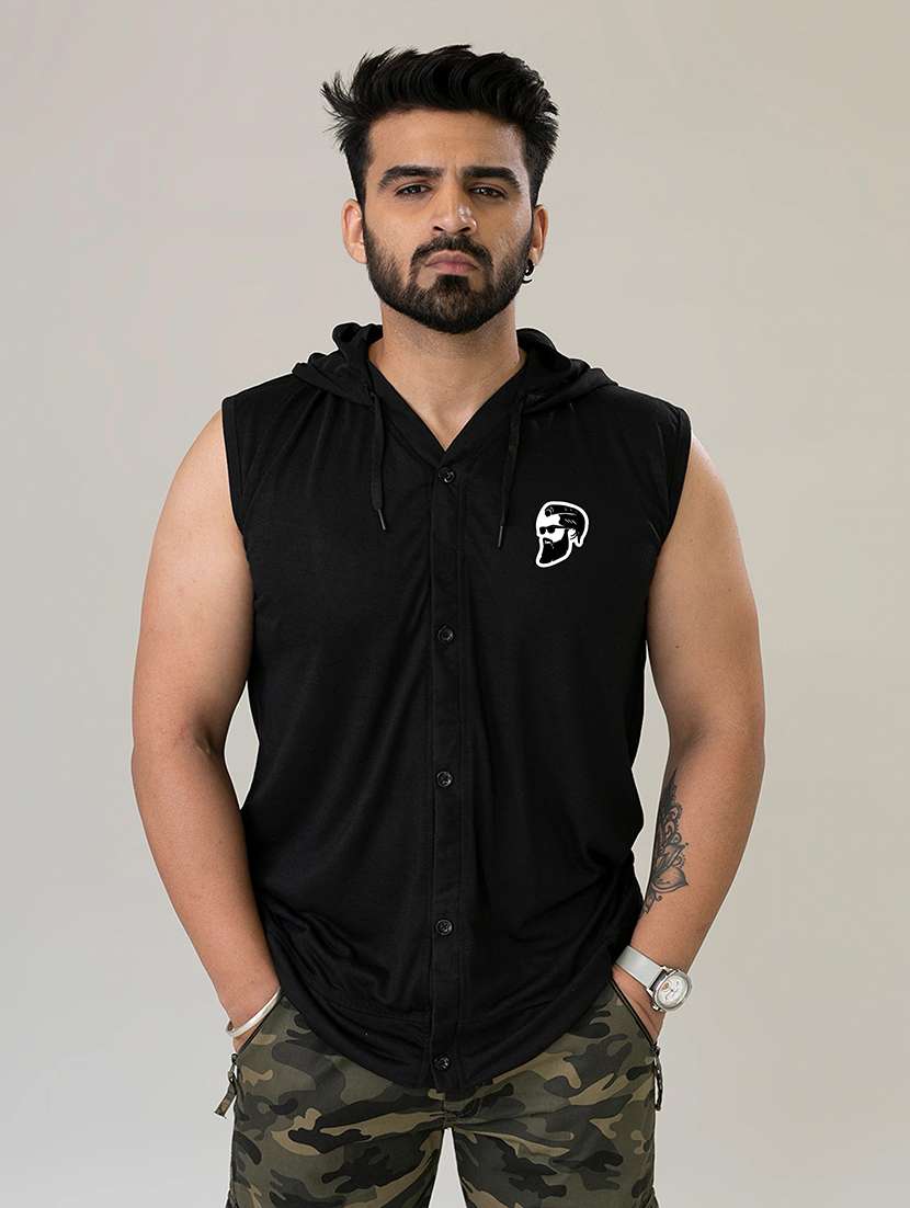 men solid sleeveless hooded t-shirt