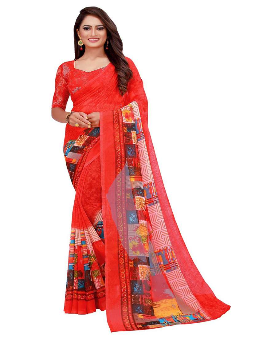 women red printed saree with blouse