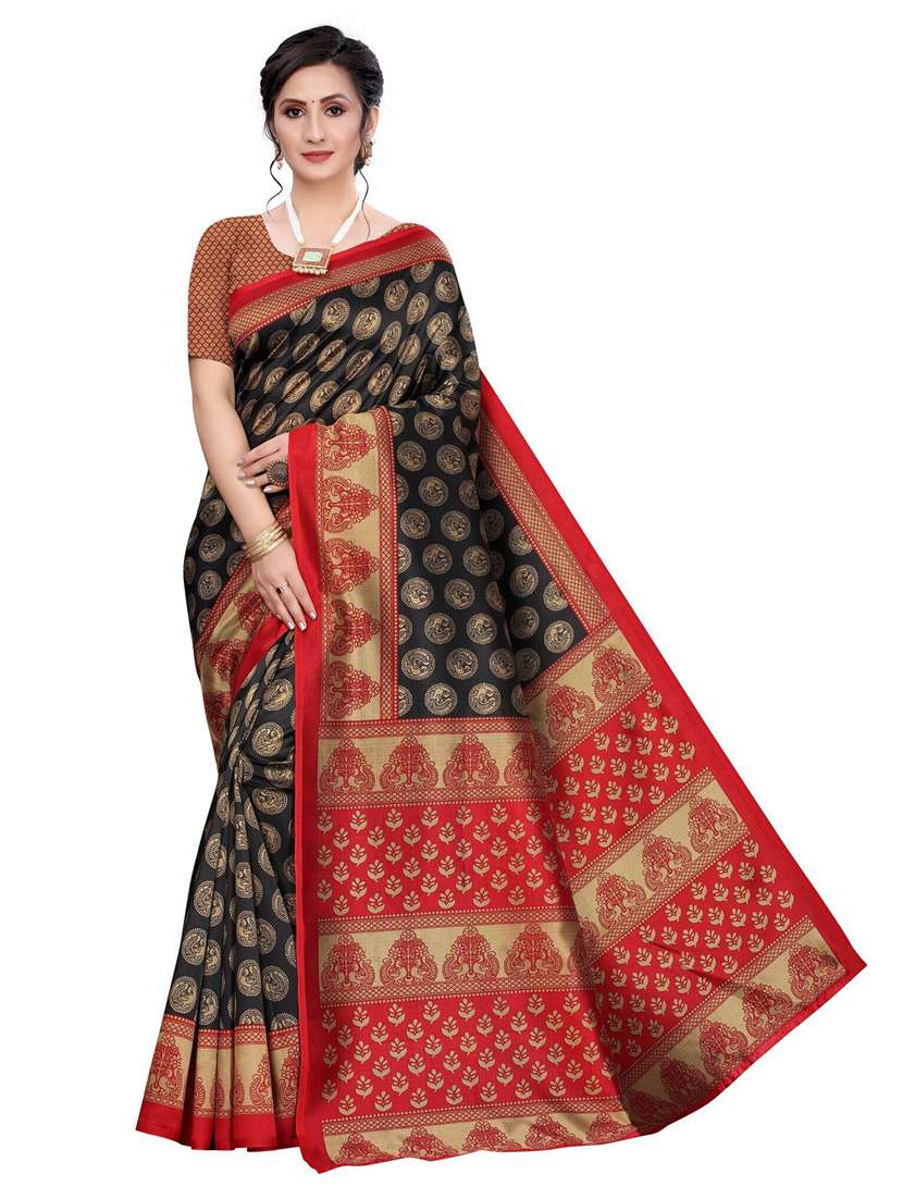 women black printed bordered saree with blouse