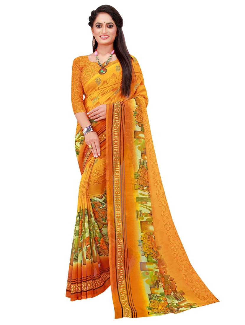women yellow printed saree with blouse