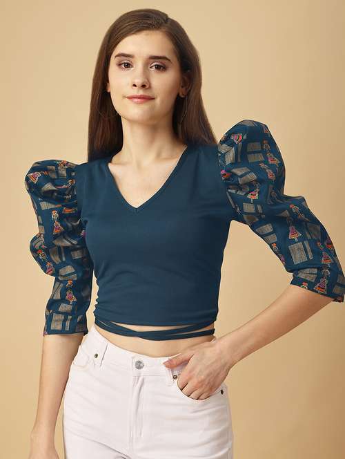 women solid puff sleeves top - 21457424 - Standard Image - 0