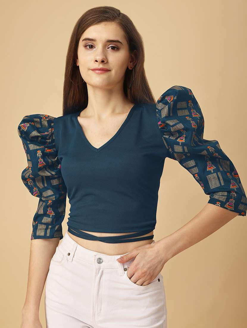 women solid puff sleeves top - 21457424 - Zoom Image - 0